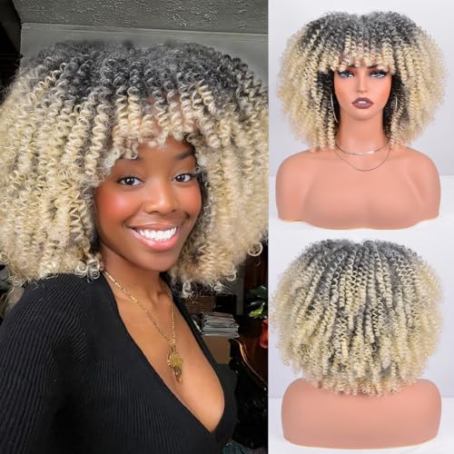 Afro Curly Wig Black to Blonde 12 Inch Synthetic with Bangs for Women