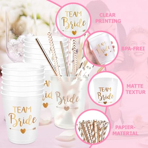 Bachelorette Party Cups, 12 Stück Braut und Team Braut Tassen Mit 12 Strohhalmen, Becher Bride Tribe Cups für Bridal Shower, Verlobungsfeier, Junggesellenabschied Party 9.8 x 5.8 cm (Transparent)