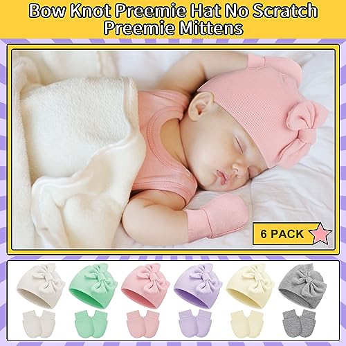 6 Pack Newborn Baby Girl Hats and Mittens Set Cotton Bow Beanie Preemie Hats Infant Caps for Baby Girls4
