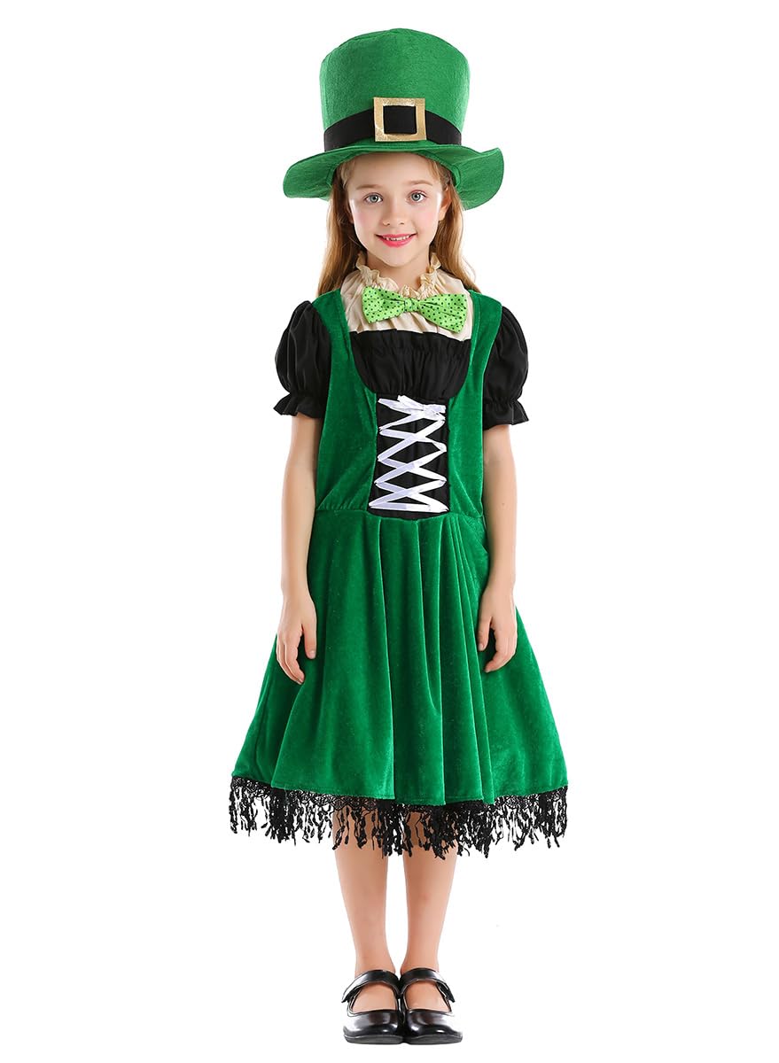ZNLFS Kids Girls Leprechaun Costume Irish Green Shamrock Print Dress Outfit St Patrick's Day Fancy Dress Up with Lucky Ireland Hat (Green, 10-12 Years)