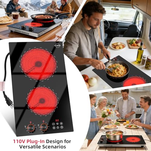Image of 2 Burner Electric Cooktop 110v Hobsir, 2000W Electric Stove Top Burner 12 Inch, 9 Power Levels, Knob & Touch Control, Plug in Cooktop 120v, 99 Mins Timer, Safety Lock, Automatic shutdown