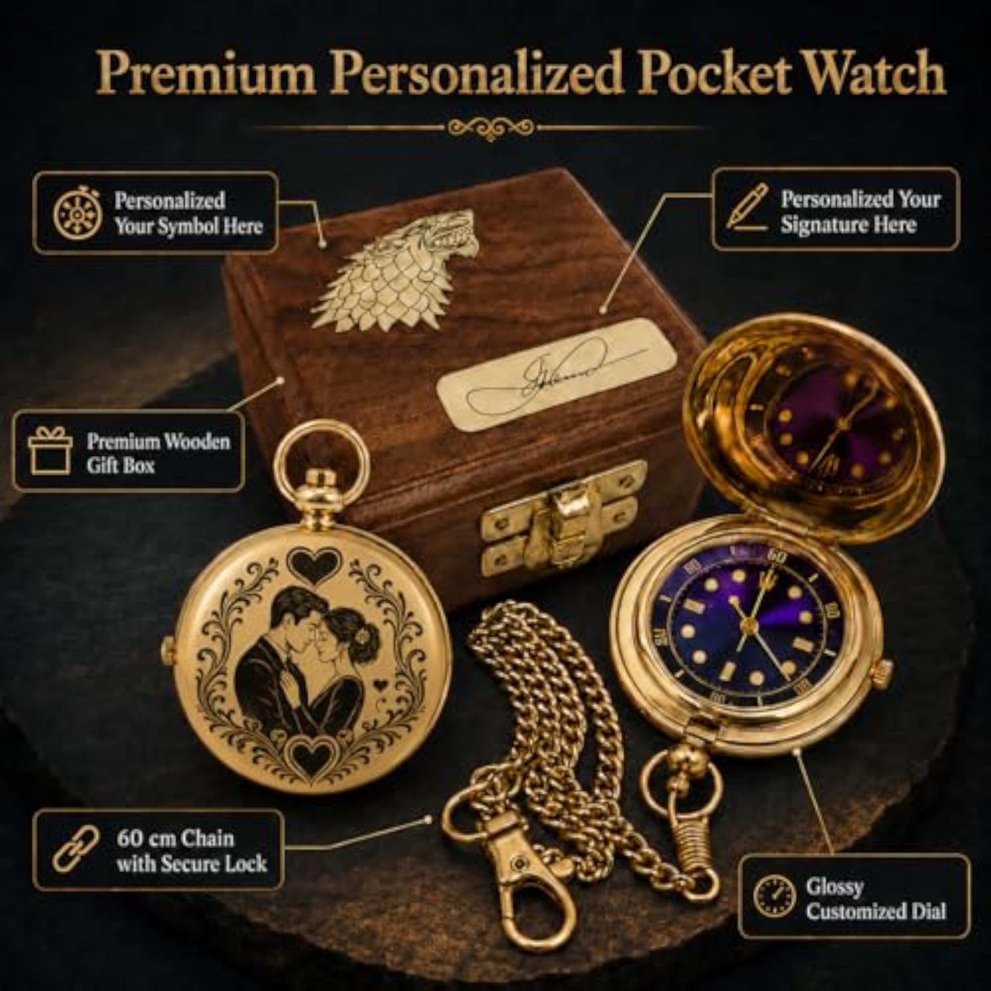 Brass Personalized Pocket Watch with Chain & Custom Wooden Box