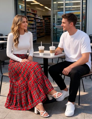 Zeagoo Plaid Skirt Long Skirts for Women Flowy Beach Maxi High Waist A Line Casual Tiered Skirts Red Plaid M — view 5
