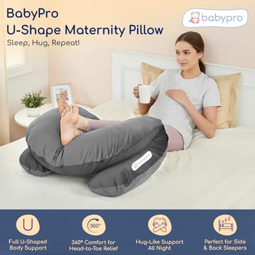 Image of BabyPro U-Shaped Pregnancy Pillow with Silky Cooling Velvet Cover, Grey | Full Body Pillow for Back Pain, Head, Belly, Hips & Knees, Soft Cushion