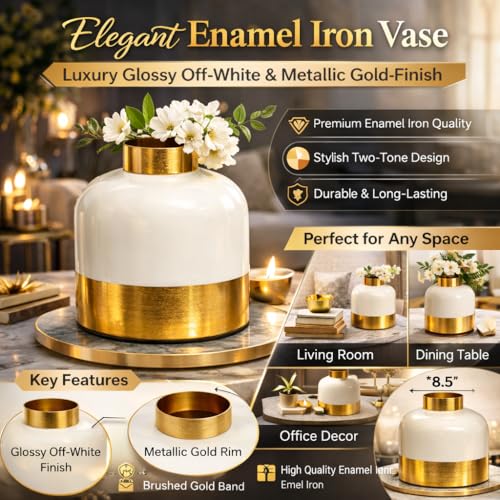 Image of MARKET 99 Golden & White Iron Enamel Flower Vase, Decorative Metal Vase for Fresh & Artificial Flowers, Table Centerpiece for Living Room, Office, Hotel, Restaurant, Reception & Home Decor