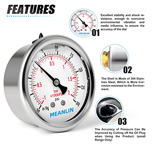 Image of MEANLIN MEASURE -30inHG~30Psi Stainless Steel 1 /8 inch NPT 2.5 inch FACE DIAL Vacuum Pressure Gauge, Center Back Mount, with 1 /4 inch NPT and 3 /8 inch NPT Hex Bushing