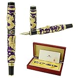 Jinhao Fountain Pen Medium Dragon Purple Chinese Traditional Technology Cloisonne Enamel Handcraft Collection Pen with Wooden Gift Box