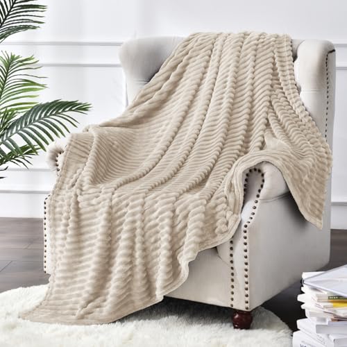 Image of BEDELITE Fleece Blanket Full Size - 3D Ribbed Jacquard Soft and Warm Decorative Fuzzy Blankets - Cozy, Fluffy, Plush Lightweight Throw Blankets for Couch, Bed, Sofa(Linen, 84x90 inches)