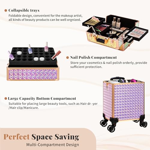 Image of 3 in 1 Rolling Makeup Train Case Professional Large Cosmetic Trolley Cosmetology Case on Wheels Traveling Cart Trunk for Hairstylist Artist Nail Beauty Salon Barber, Colorful