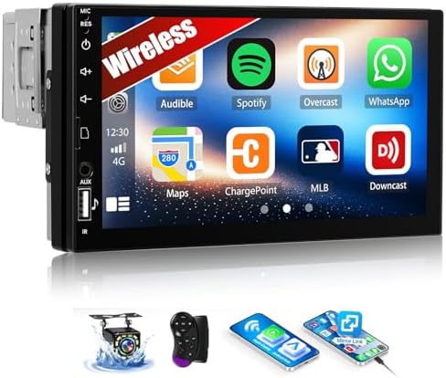 OiLiehu Single Din Car Stereo with Wireless CarPlay Android Auto, 7" Car Radio 1 Din with Touchscreen, MP5 Multimedia Player with Mirror Link, Bluetooth, FM, USB, TF-Slot, EQ, SWC, Backup Camera