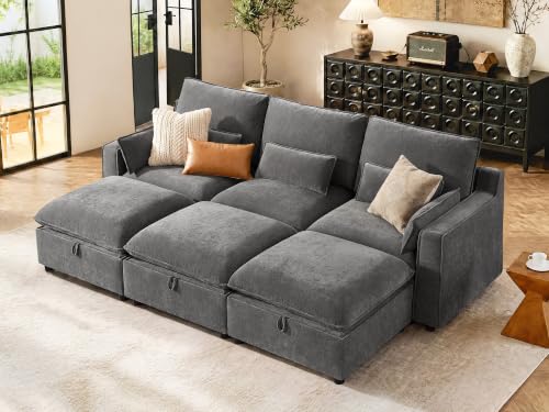 Image of WorthFurni Modern Modular Sectional Sofa,103 inch Sleeper Sofa Bed Minimalist Couch with Storage Ottoman,Comfty 6 Seat Sofa for Living Room,Grey Chenille