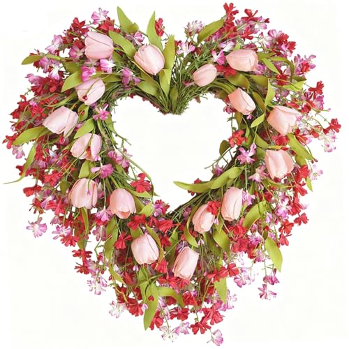 Egolot 20 Inch Valentine’s Day Heart Shape Tulip Wreath for Front Door, Red Pink Forsythia Valentines Wreath for Indoor Outdoor with White Red Bow, Wedding Wreaths for Doors Windows Wall