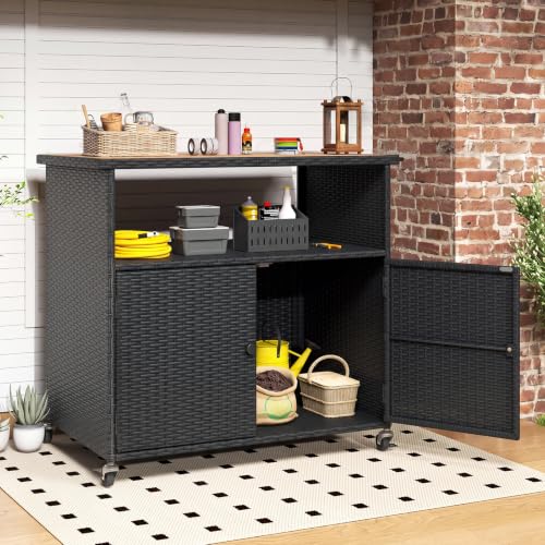 Image of Tangkula Rattan Outdoor Storage Cabinet with 4 Wheels, Black