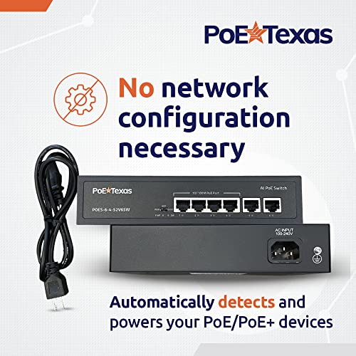 Image of PoE Texas PoE Switch 4 Port - 802.3af /at Power Over Ethernet with 4 PoE+ Ports, 2 LAN Uplink, VLAN & Extender - 65W High Speed Unmanaged Wired Network Switch - Security Cameras, WAP's & More