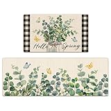 Tailus Hello Spring Eucalyptus Leaf Greenery Decorative Kitchen Rugs Set of 2, Green Plants Anti-Fat