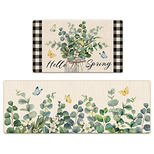 Tailus Hello Spring Eucalyptus Leaf Greenery Decorative Kitchen Rugs Set Of 2, Green Plants Anti-Fatigue Kitchen Mat Non-Slip Floor Mat Botanical Buffalo Plaid Home Decorations - 17X29 And 17X47 Inch #TOP6