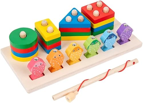 BTM Wooden 2 in 1 Fishing Column Preschool Puzzle Game | Ages 36+ Months, Wooden Construction, Colourful Fish Pieces, Shape Stacking Column, Magnetic Fishing Rod