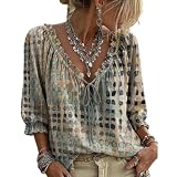 Womens Polka Dot Lace Up Blouse 3/4 Sleeve Halloween Shirt Abstract Geometric Chic Dressy Casual Peasant Shirt Ruffle Blouses Flowy Summer Tops Boho V Neck Floral Top Hippie Beach Bohemian Shirt