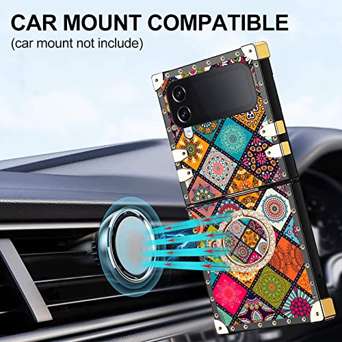 Case For Galaxy Z Flip 3 2021 Cute Girls Women Square Cover With Ring Stand Retro Flower Pattern Metal Reinforced Corners Shockproof Protective Phone Case For Samsung Galaxy Z Flip 3 5G - Mandala #TOP2