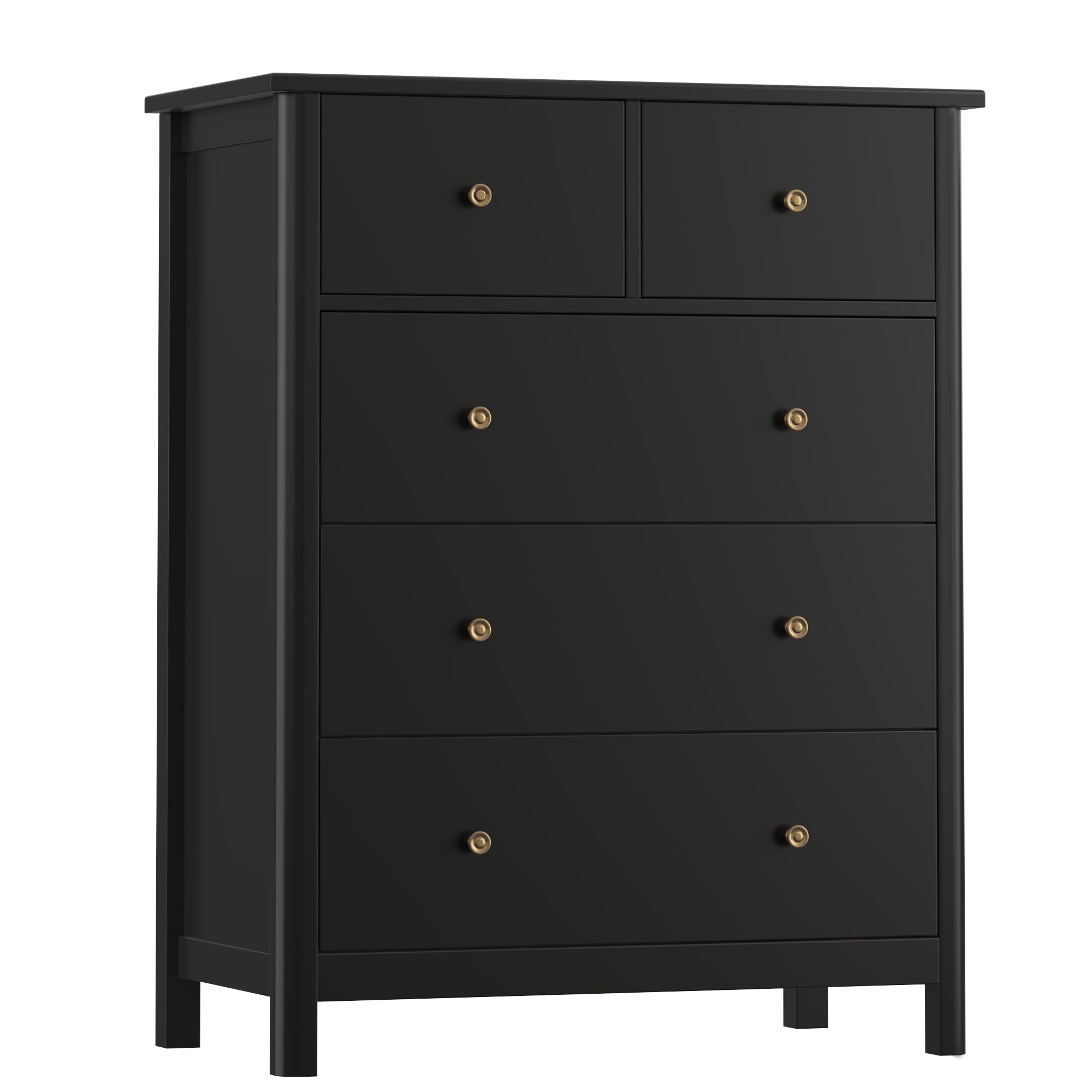 HOUSUIT Dresser with 5 Drawers, Tall Chest of Drawers, 5 Drawer Dresser with Deep Space, Wood Storage Cabinet for Living Room, Hallway, Office, Black