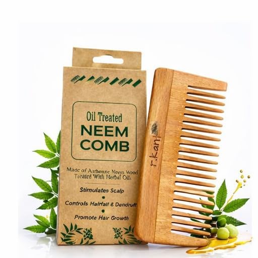 Image of R.Kant Neem Wooden Comb Combo Pack of 2 | Wide Teeth Detangler + Shampoo Comb | Natural Neem Wood | Polished Finish | Scalp Friendly | Men & Women