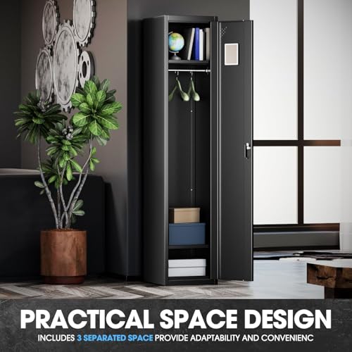 Image of DNA Motoring Metal Storage Cabinet for Employees with Keys, 71 inch Employees Metal Locker with 1 Doors, Tall Storage Lockers for Garage,Office,Home,Gym, Black, TOOLS-00787-BK-BK