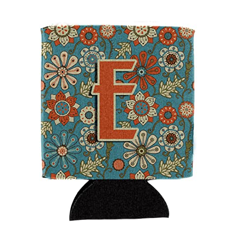 Caroline's Treasures CJ2012-ECC Letter E Flowers Retro Blue Can or Bottle Hugger Cooler Washable Drink Sleeve Collapsible Beverage Insulated Holder, Can Hugger, Multicolor