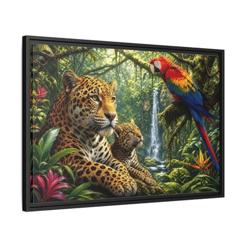 Toile jaguar nature avec cadre noir premium 75x50cm réaliste