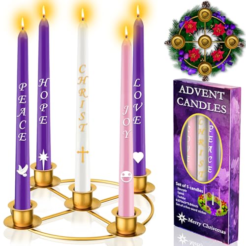 Advent Wreath 5 Candle Holder Set with Advent Candles Christmas Candle Rings Candle Holder for Tapered Advent Candles Advent Wreath Ring Table Decoration for Christmas Advent Festival Home Church