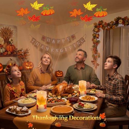 Image of Fall Flameless Candles Projector Lights with Pumpkin Maple Leaf Projection