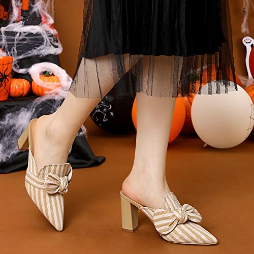 Allegra K Allegra K Women's Stripe Bow Pointed Toe Block Heel Beige Slides Mules 9 M US