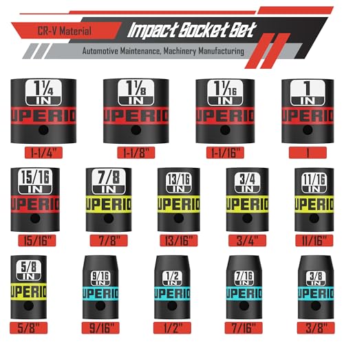 Image of 14 Piece 1 /2 inch Drive Impact Socket Set, 3 /8 inch - 1-1 /4 inch Shallow Socket, SAE, 6 Point, CR-V, Automotive Maintenance, Machinery Manufacturing