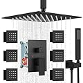 gotonovo Matte Black Ceiling Mounted Rain Mixer Shower Faucet Set 12 inch Square Rainfall Shower Head with 6 Body Spray Jets and Brass Handshower Rough-in Valve and Trim Included