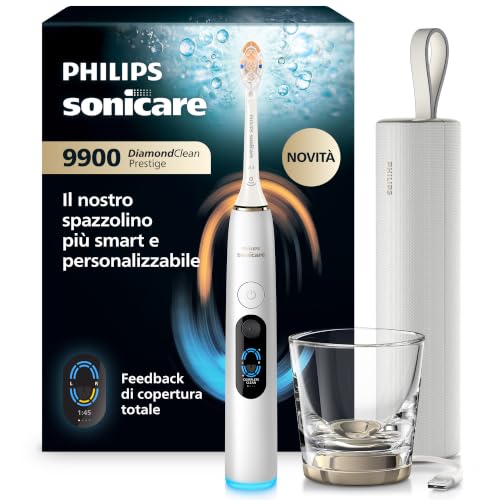Philips Sonicare Next-Generation DiamondClean 9900 Prestige Spazzolino elettrico - con SenseIQ, Feedback di copertura totale, Feedback di pressione, 24 impostazioni, bianco argento, HX9813/91