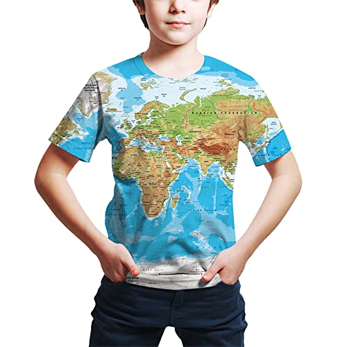 Kids Print 3D World Map Funny Graphic Pattern Tees Shirts for Youth Boys Girls 4-14 Years