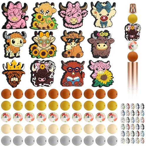 SSFGSDGG Highland Cow Silicone Focal Beads Set,92PCS for Beadable Pens