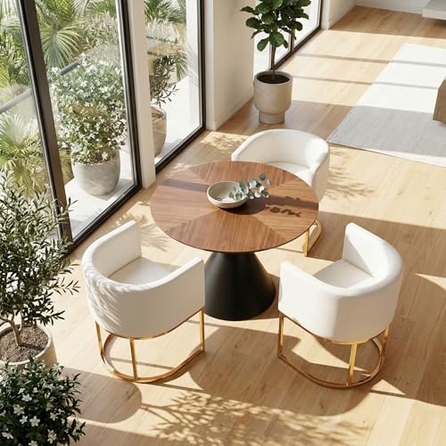 Image of HNY Mid Century Modern Upholstered Barrel Dining Chairs with Arms Set of 3, Leather Kitchen & Dining Room Chairs, 18.5 inch Wide Accent Chairs for Dining Room Living Room with Gold Metal Frame, White