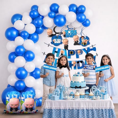 Image of Party Propz Baby Boss Theme Happy Birthday Decoration Kit -97 Pcs, Birthday Decoration Items with Return Gift Bags, Baby Boss Happy Birthday Banner, Boss Birthday Props for Boys & Girls (Cardstock)