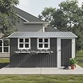 KEIKI 12x10 FT Outdoor Metal Storage Shed with 3 Clear Windows, Flower Rack Lockable Single Door Heavy Duty Steel Tool Shed Waterproof Rust Resistant Windproof for Backyard Garden Patio, Grey