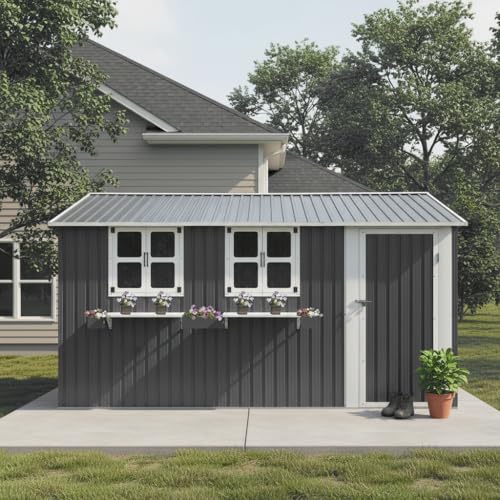 KEIKI 12x10 FT Outdoor Metal Storage Shed with 3 Clear Windows Flower Rack Lockable Single Door Heavy Duty Steel Tool Shed Waterproof Rust Resistant Windproof for Backyard Garden Patio Grey