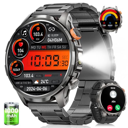 BANLVS Smartwatch Herren Militär mit 1000mAh und LED Taschenlampen, Schwarz – Ansicht 1