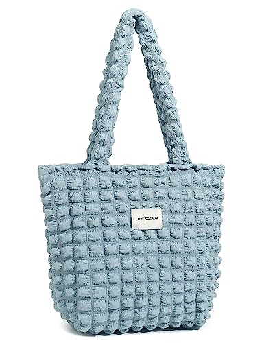 [ＵＭＥＸ] トートバッグ キルティング ふわふわ 可愛い 軽量 ポップコーンバッグ 多機能 通勤 通学 肩掛け 収納バッグ 手提げ A4 大きめ ママバック エコバッグ シンプル 肩掛け シンプル 学生 おしゃれ カバン 鞄 ファスナー付きブルー