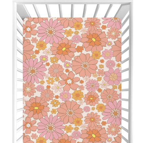 Image of CaTaKu Retro Orange Flower Baby Crib Sheets Mini Crib Sheets Fitted for Boys Girls, Neutral Crib Mattress Sheet Toddler Bed Sheets, 27 inchx 39 inch