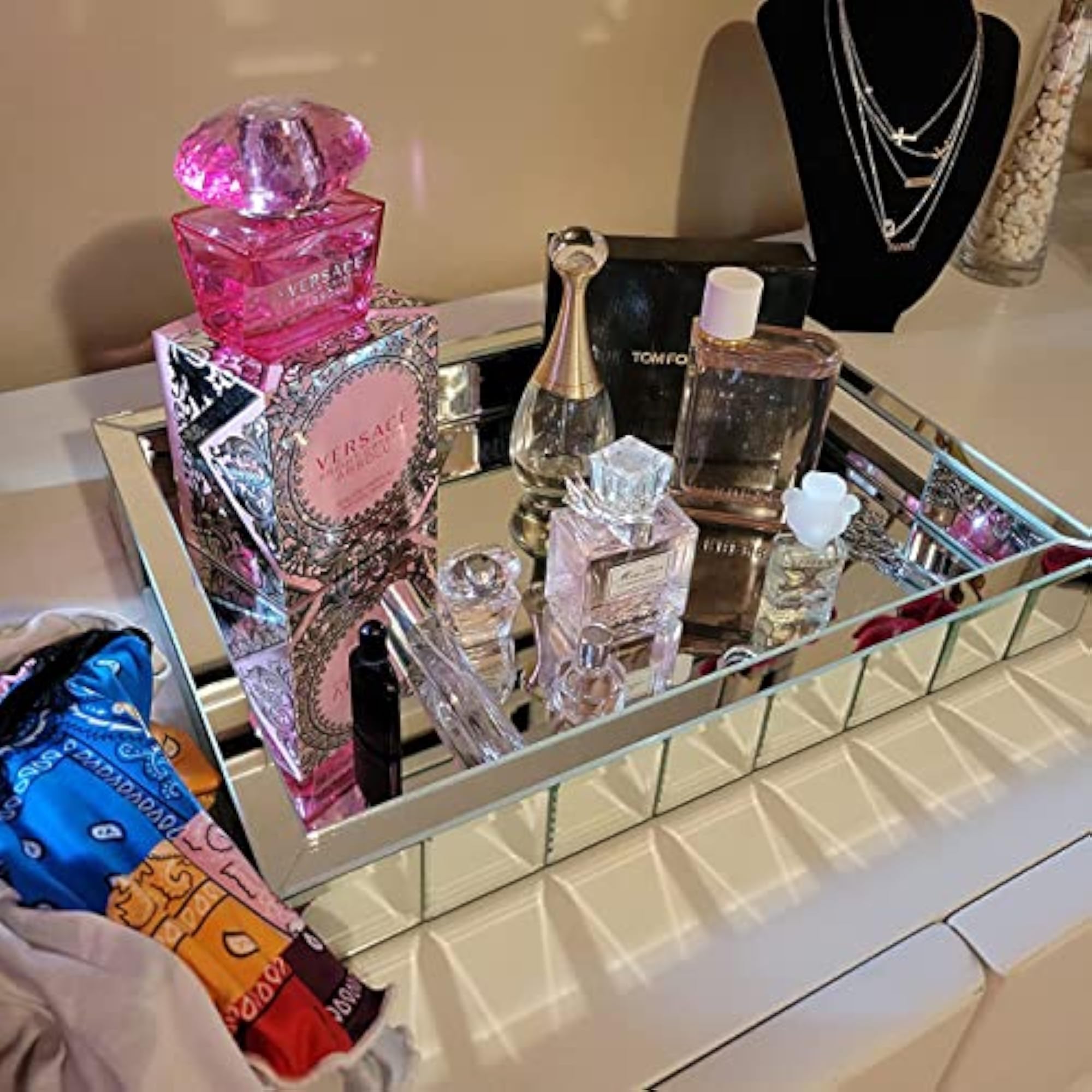 Decorative Mirrored Vanity Tray with Glass Border