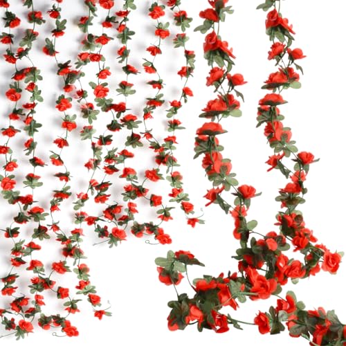 Antspirit 2 Pack Artificial Rose Vine Fake Flower Garland Fake Rose Hanging Vine Artificial Flowers for for Wedding Party Background Arch Garden Background Decoration Total 16.4 Ft (2 Red)