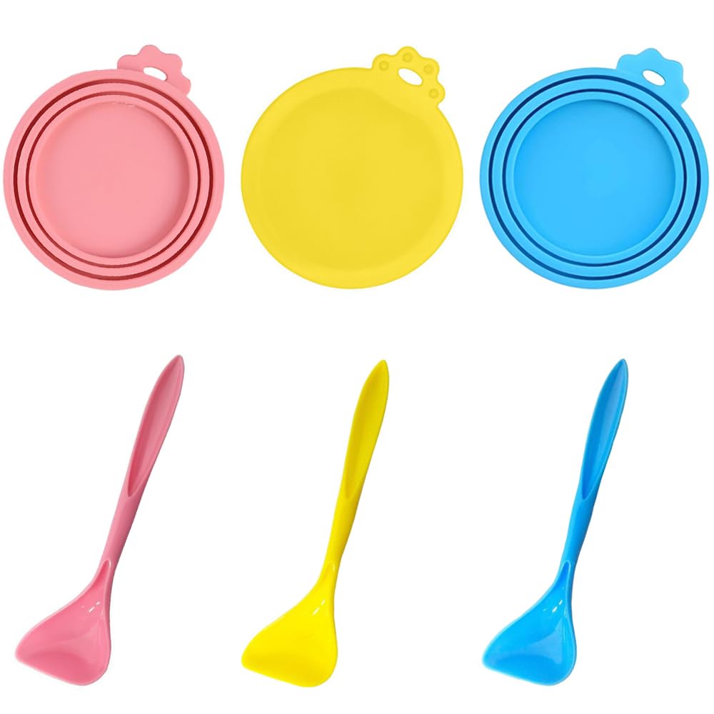 Fibclhaz 3 Packs Pet Can Cover Lids Reusable Can Lids for Tins 1 Fit 3 Standard Size Cat Dog Food Covers with Spoons for Cat Dog Wet Food Cans