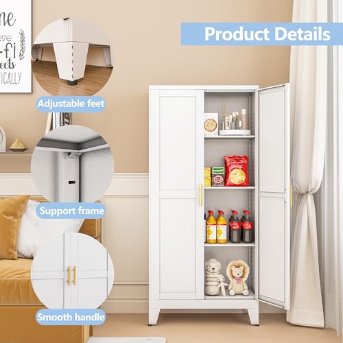 Image of White Metal Storage Cabinet, 48 inch Steel Cabinets for Home Office | Kitchen Pantry Storage Cabinet with Doors and 3 Adjustable Shelves, for Office, Home, Garage, School