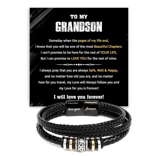 To My Grandson Bracelet from Grandma Grandpa With Heartfelt Message & Elegant Box, Braided Leather Bracelets Gifts For Grandson, Birthday, Graduation, Christmas Gifts For Grandsons