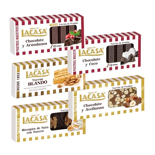 Pack Surtido 5 Turrones Lacasa:Mazapán de Nata con Nueces, Blando, Chocolate y Arándanos, Cacao y Avellanas, Chocolate y Coco