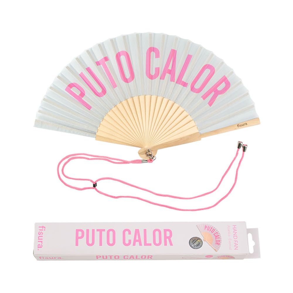 Fisura - Original handheld folding fan with the message in Spanish. Wooden fan. Original holding Hand Fans. Fan with hanger included (Calor, grey and pink)